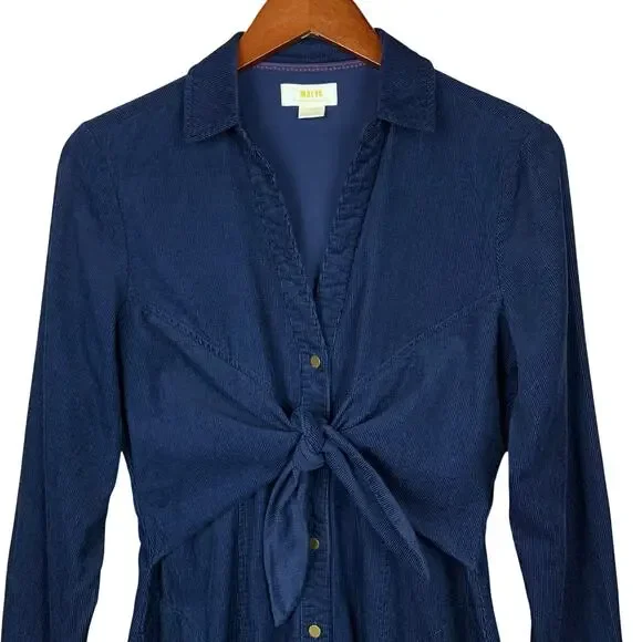 Maeve Anthropologie Winchester Shirt Dress Blue Corduroy Tie Front Women's 8 - Picture 3 of 11